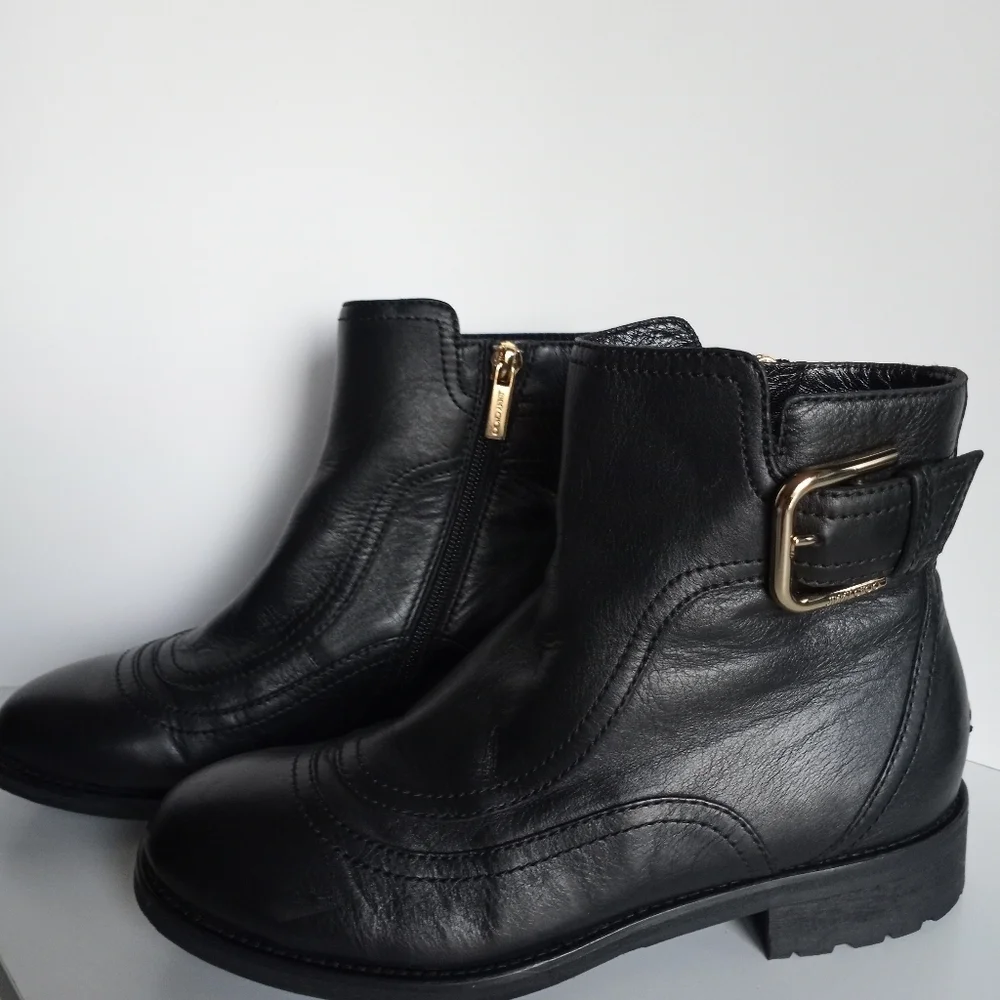 JIMMY CHOO BRYLEE BLACK LEATHER BUCKLE MOTO BIKER